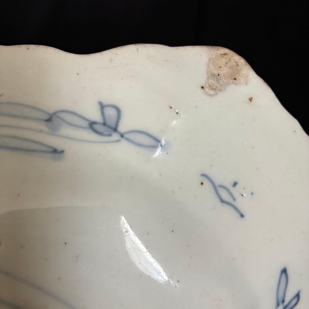 染付 隅切角皿　約26.5㌢皿 飾り皿 骨董 呉須　鑑賞用　霊芝花瓶文 金継ぎ用