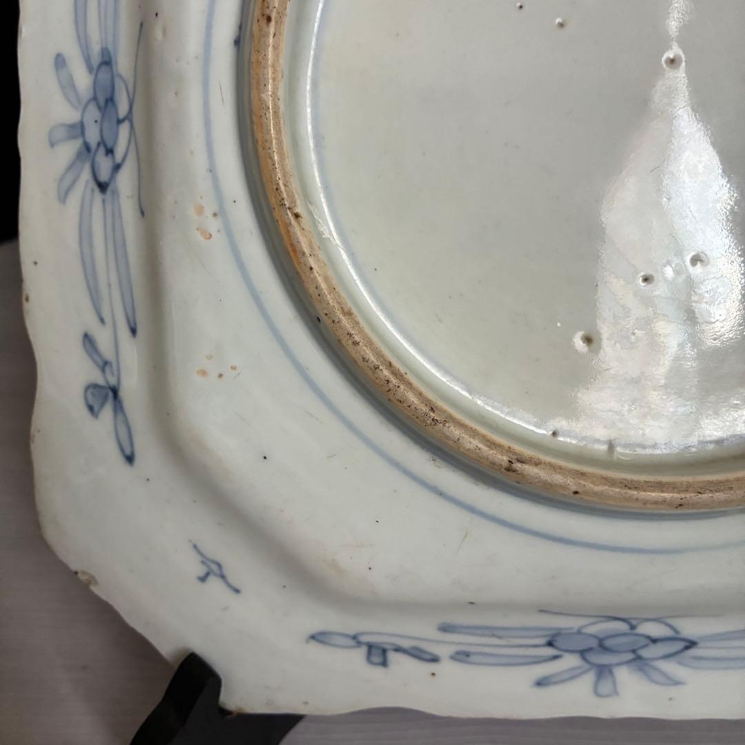 染付 隅切角皿　約26.5㌢皿 飾り皿 骨董 呉須　鑑賞用　霊芝花瓶文 金継ぎ用