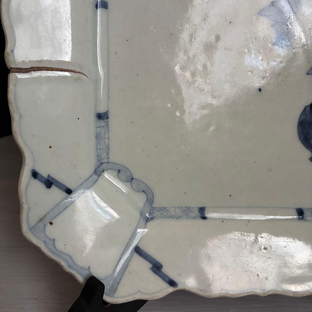 染付 隅切角皿　約26.5㌢皿 飾り皿 骨董 呉須　鑑賞用　霊芝花瓶文 金継ぎ用
