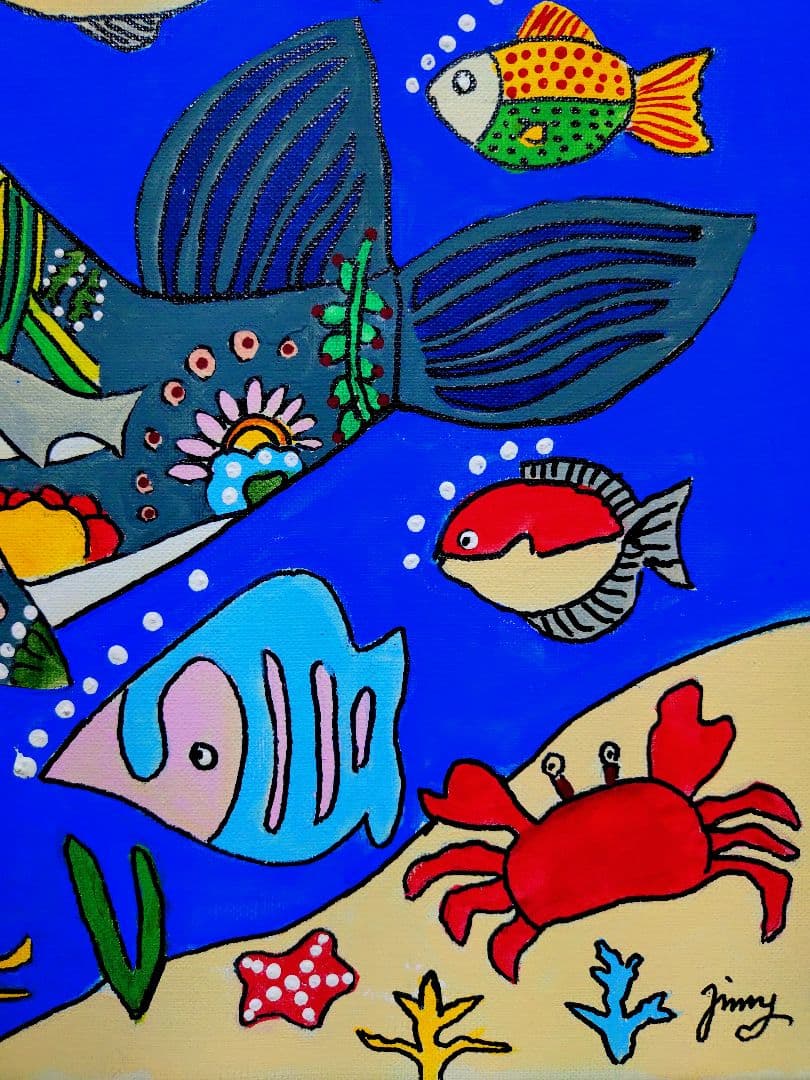 【F6号】ジミー大西【海】手描き/表裏サイン有/油彩/アクリル/絵画/額縁/額装