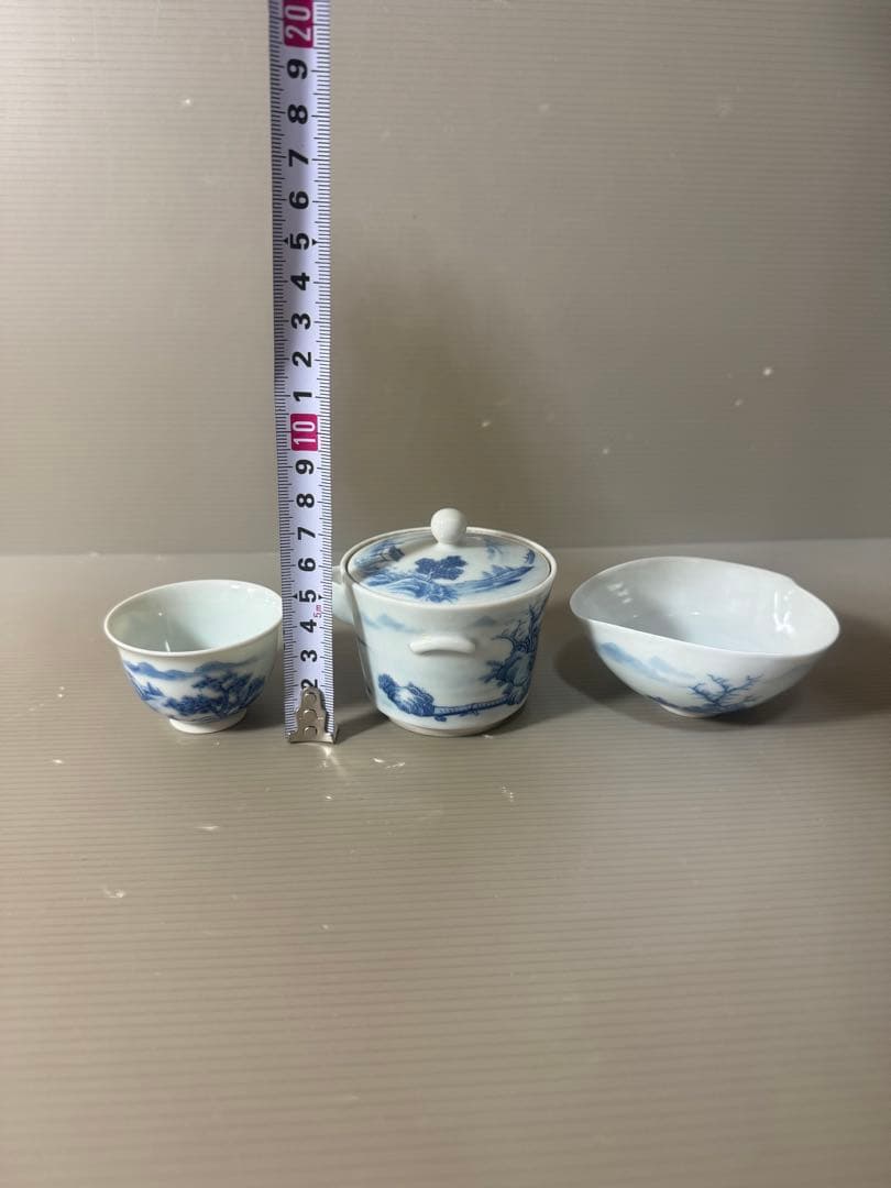 2616中国骨董　大明年製銘　染付山水茶器セット　宝瓶1客　湯冷し1客　湯呑5客