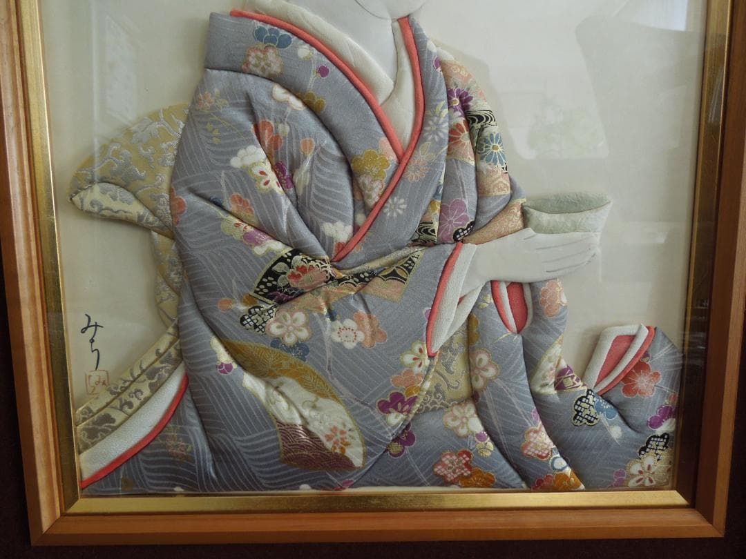 和風着物　立体美人　押し絵立体作品　大判色紙版　油絵用木製額付き