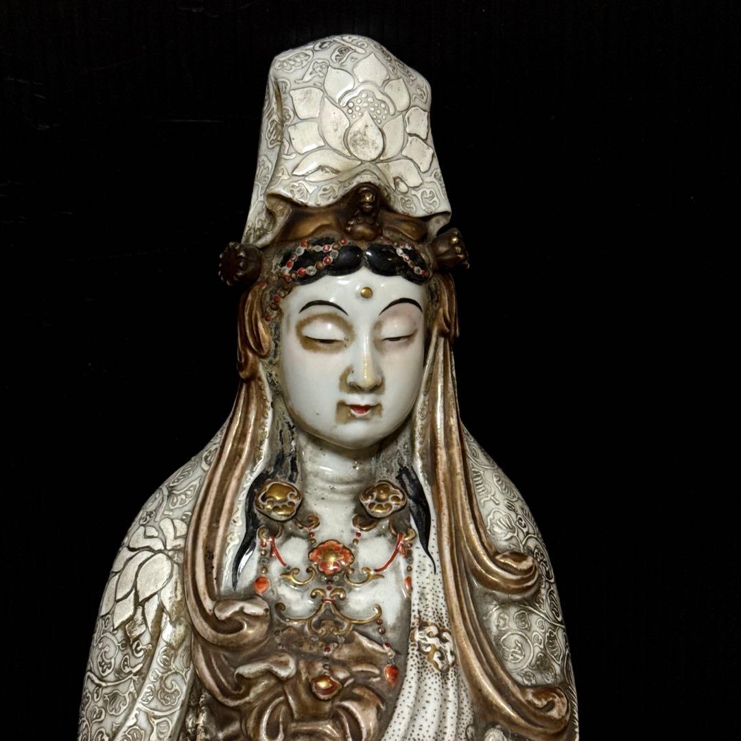 極上 江戸期 大型 九谷焼 超絶技巧 極細密彩色 観音菩薩像 仏教美術