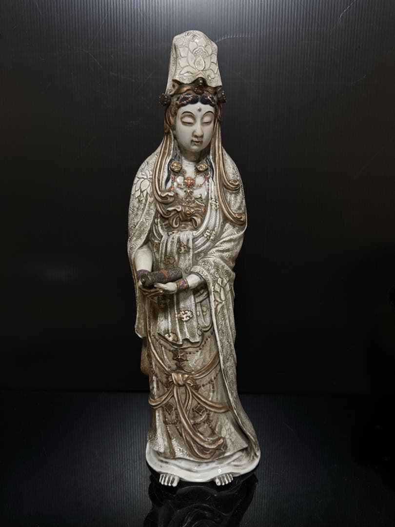 極上 江戸期 大型 九谷焼 超絶技巧 極細密彩色 観音菩薩像 仏教美術