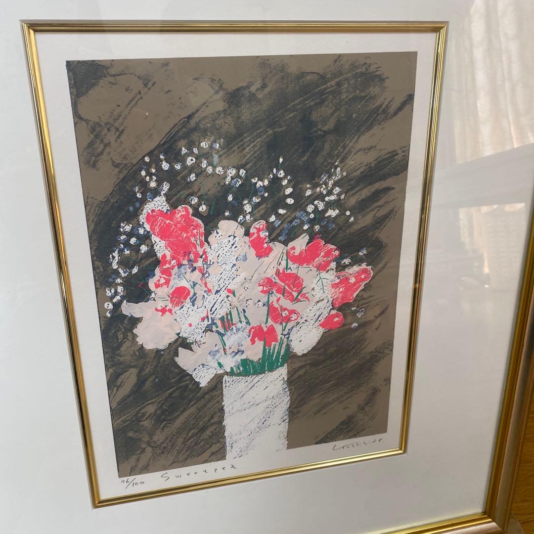 福本吉秀　シルクスクリーン スイトピー　リトグラフ 16/100 金フレーム