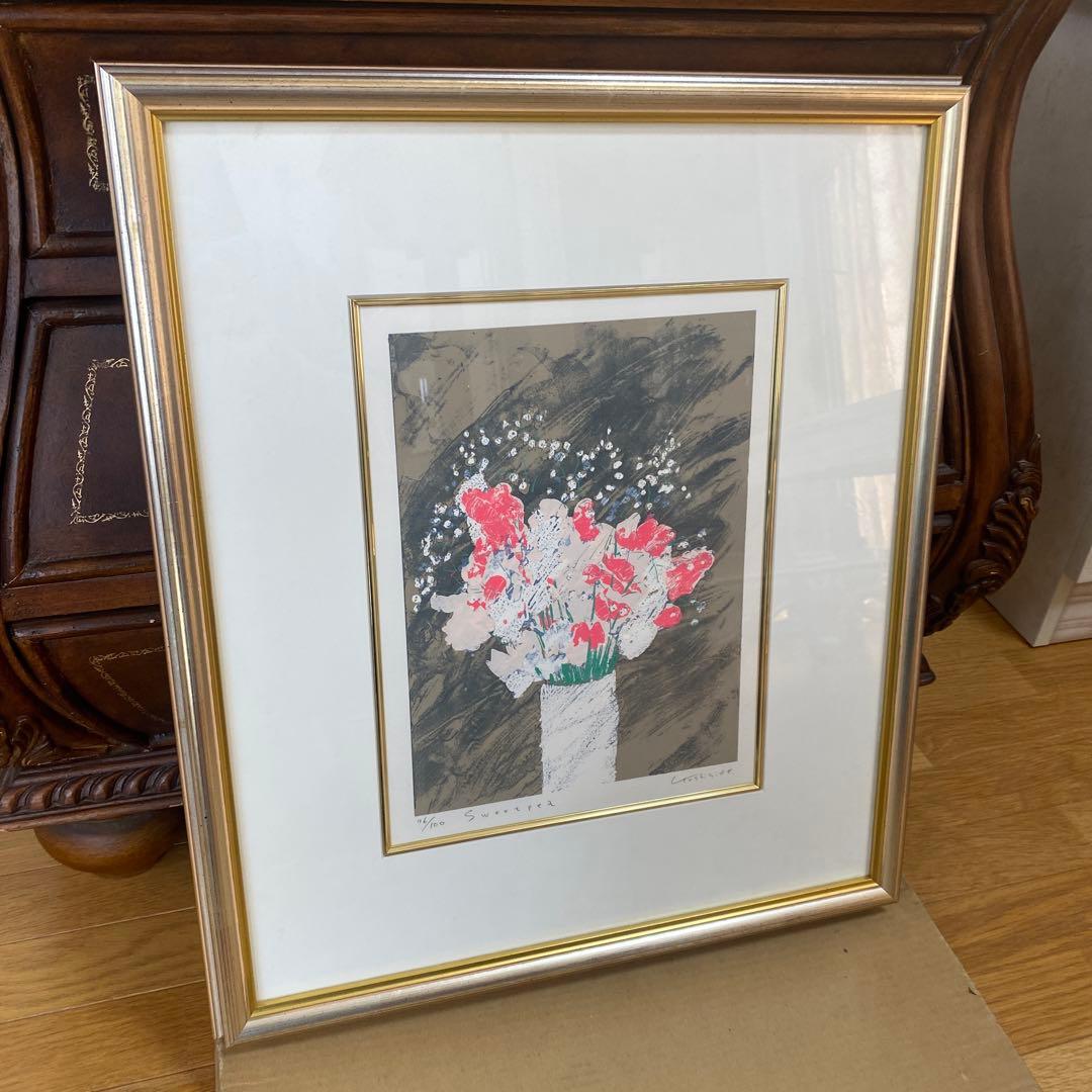 福本吉秀　シルクスクリーン スイトピー　リトグラフ 16/100 金フレーム