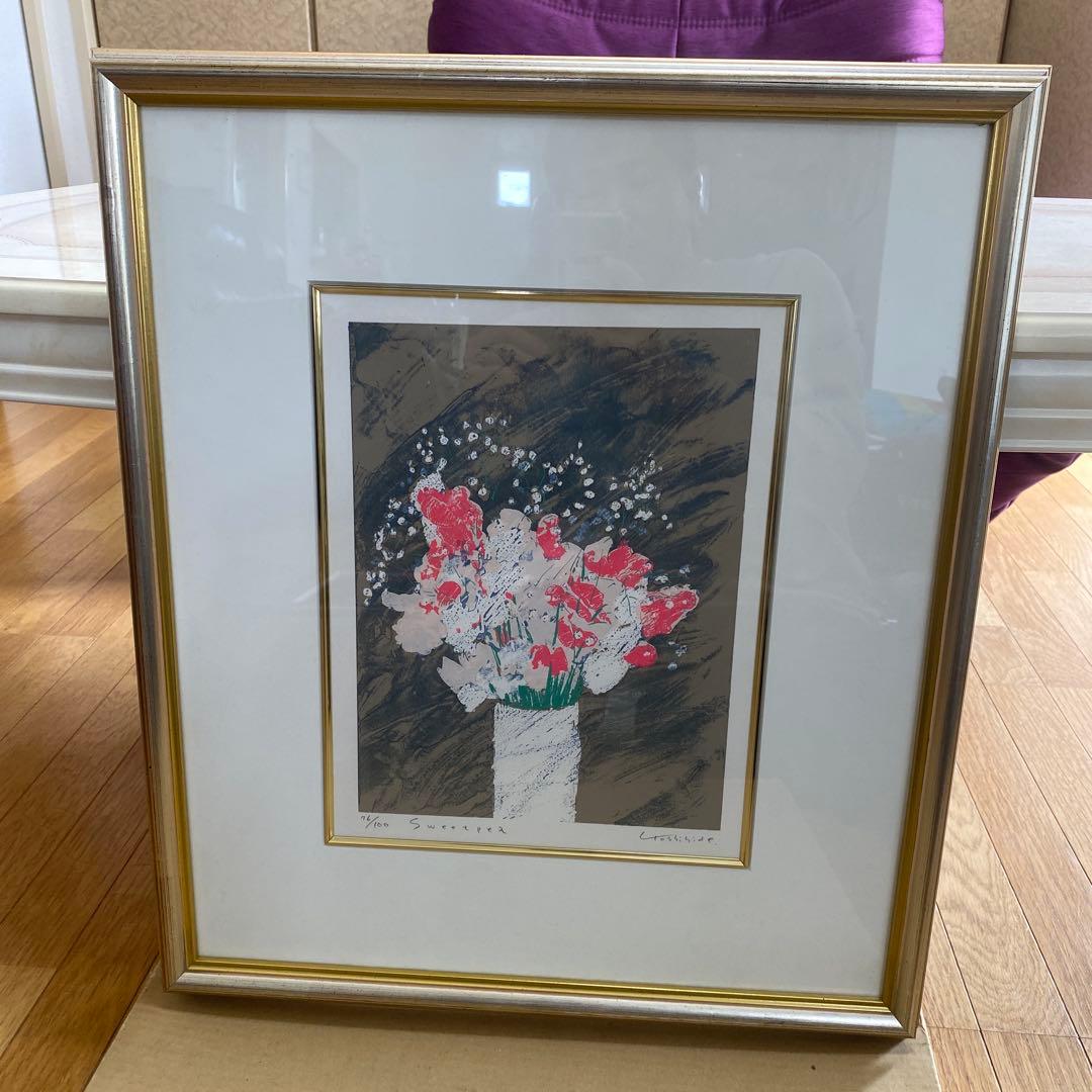 福本吉秀　シルクスクリーン スイトピー　リトグラフ 16/100 金フレーム