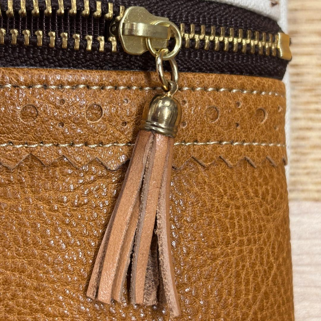 本革×帆布 サコッシュ 茶 小鳥柄 金具色ゴールド ショルダーバッグ