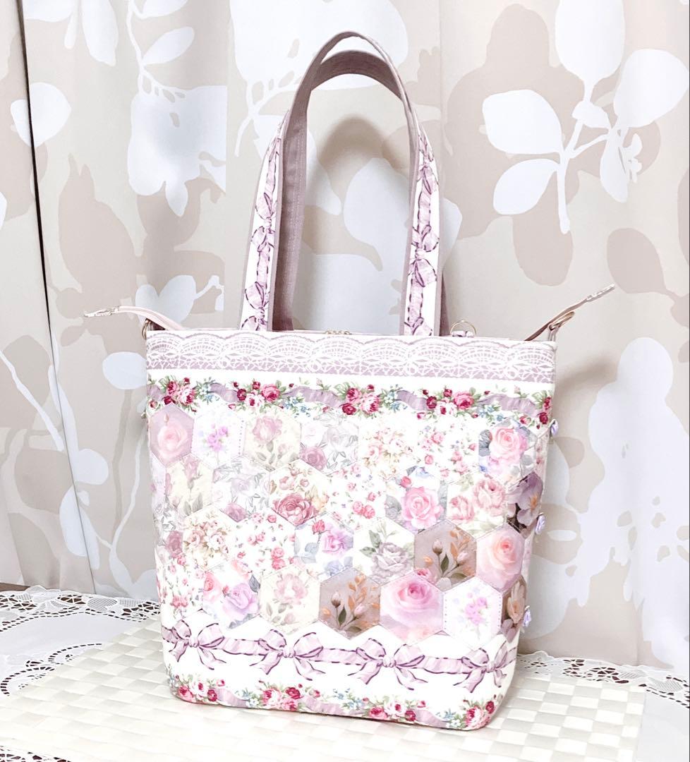 ク*ー様 高貴で幻想的な紫の薔薇 パッチワークトートバッグ ヘキサゴン