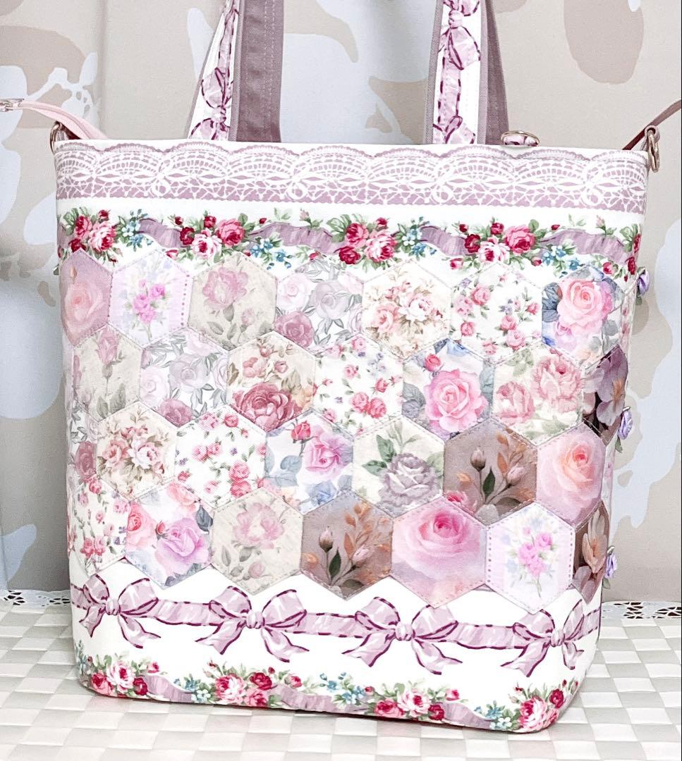 ク*ー様 高貴で幻想的な紫の薔薇 パッチワークトートバッグ ヘキサゴン