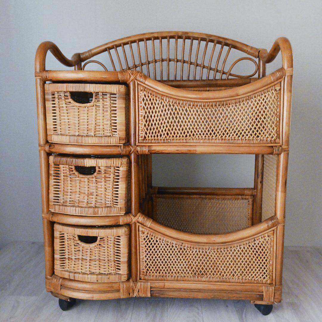 ラタン製 3段引き出しチェスト　オープンシェルフ　キャスター付き