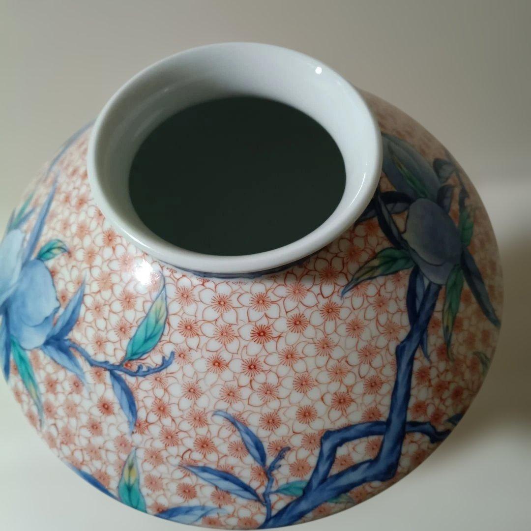 花柄陶器花瓶 ✿市川光春　鍋島御庭焼　桃文台付花瓶