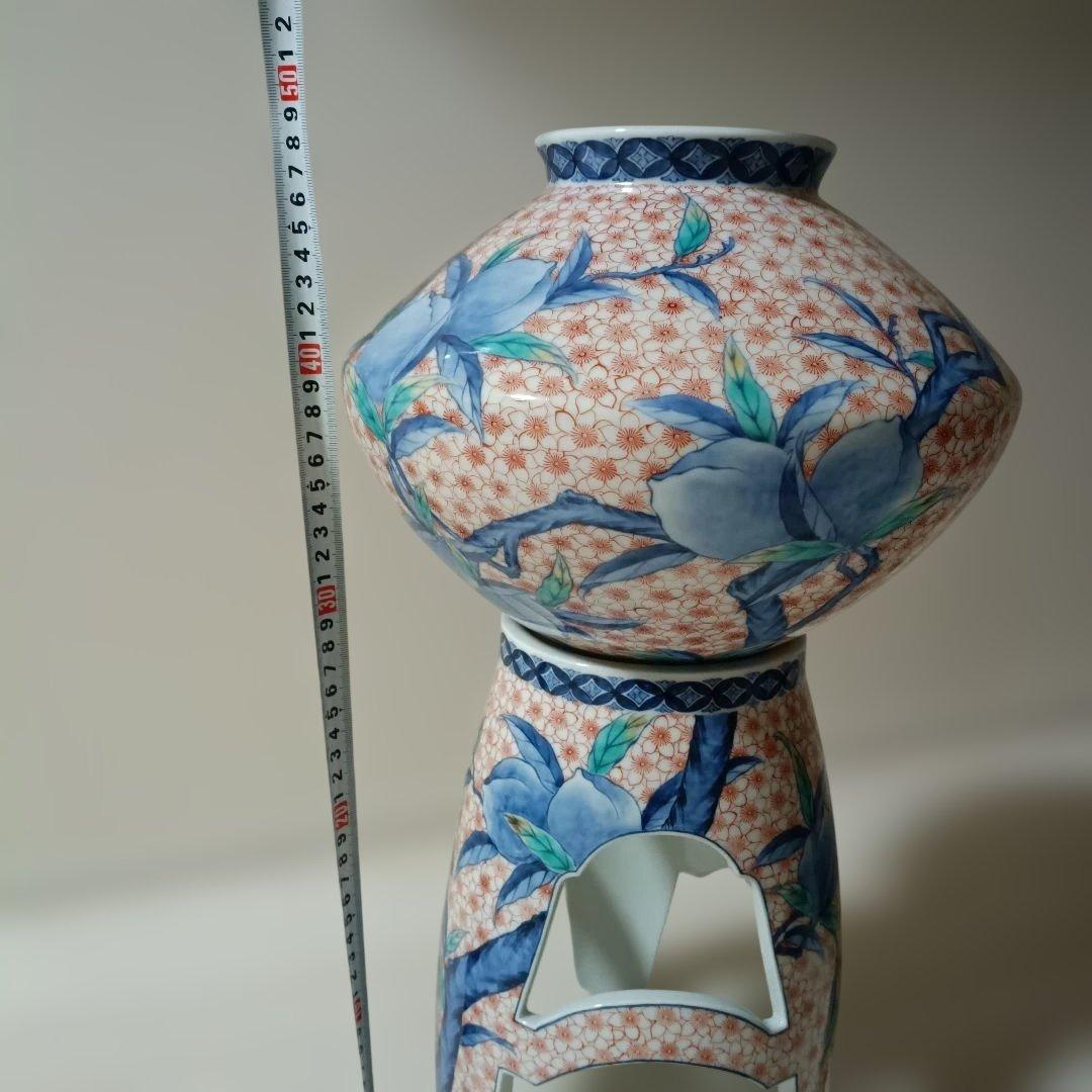 花柄陶器花瓶 ✿市川光春　鍋島御庭焼　桃文台付花瓶