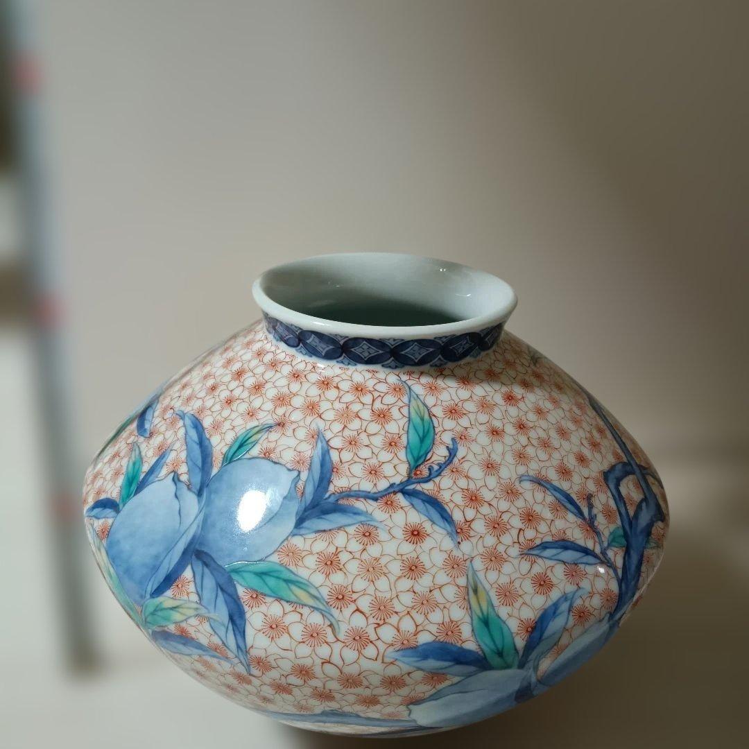花柄陶器花瓶 ✿市川光春　鍋島御庭焼　桃文台付花瓶