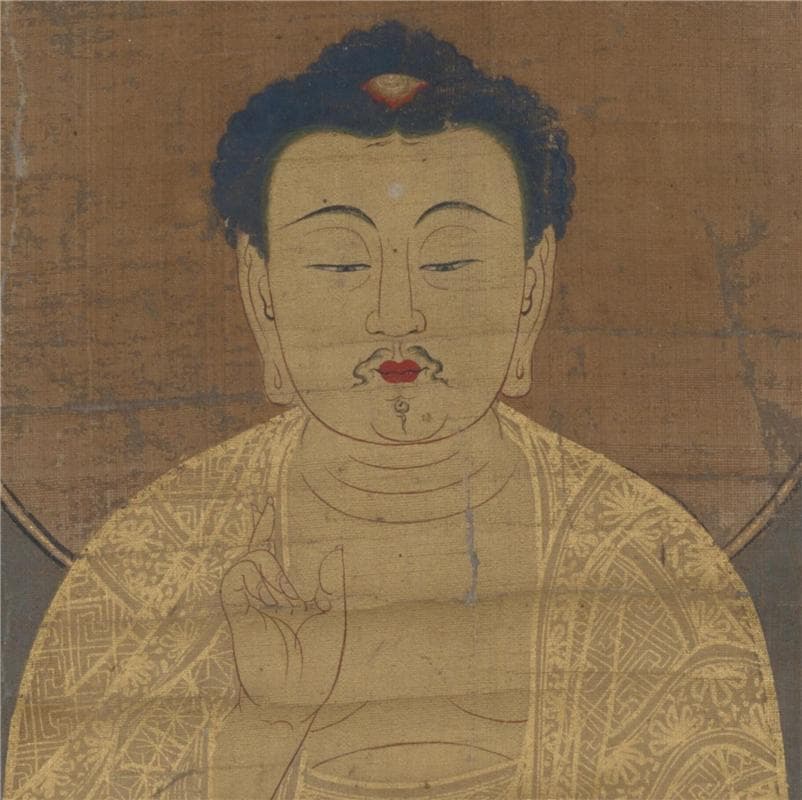 釈迦十六善神像図 釈迦図 仏画 阿弥陀仏 縦幅 釈迦 絹布 絹本 掛け物 未表装