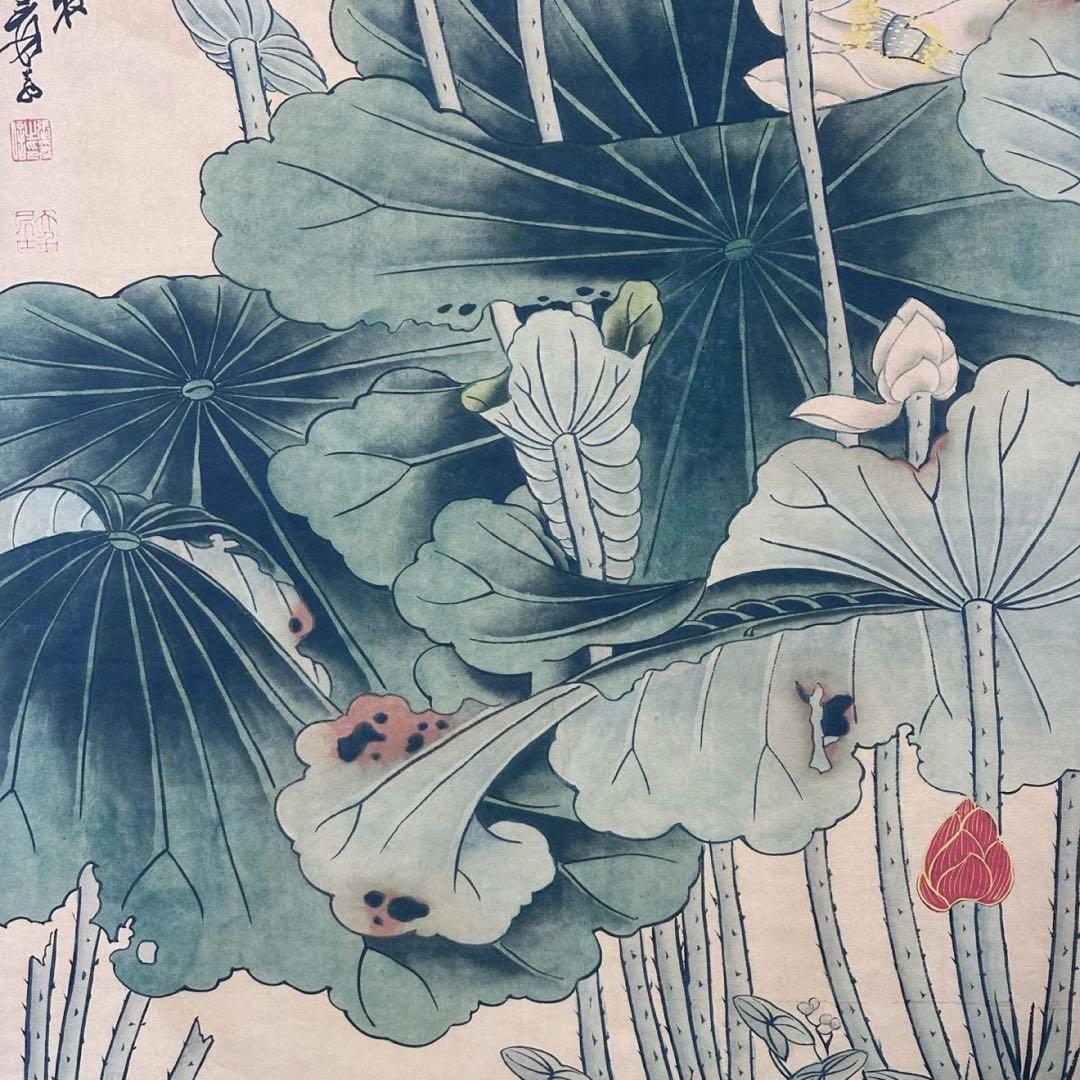 張大千 嘉荷図 三尺中堂掛け軸 中国掛軸 花鳥画 宣紙装裱 証書付き インテリア