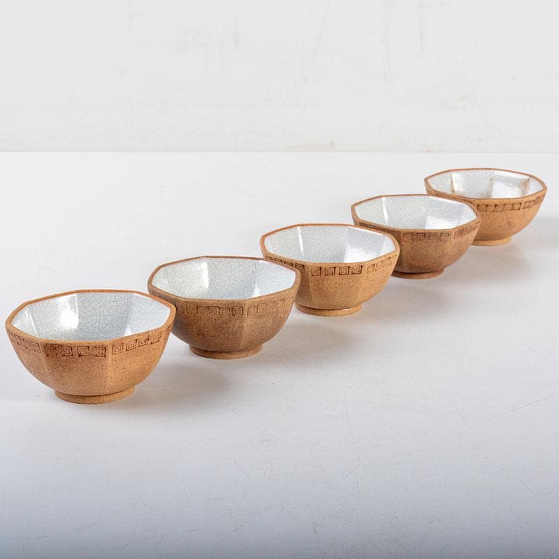 中国　紫砂　黄泥　雷文　六角煎茶碗　五客　時代箱付　M　R4457E