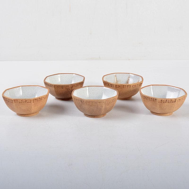 中国　紫砂　黄泥　雷文　六角煎茶碗　五客　時代箱付　M　R4457E