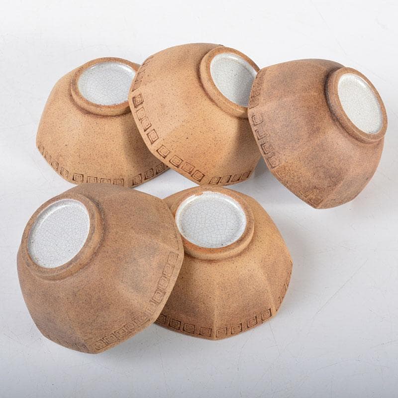 中国　紫砂　黄泥　雷文　六角煎茶碗　五客　時代箱付　M　R4457E