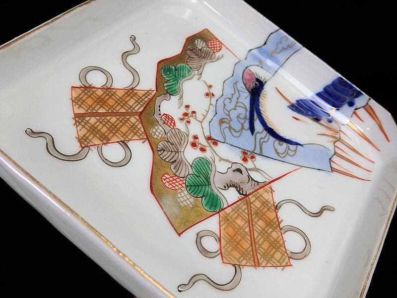 古伊万里　染錦　松に丹頂鶴の図　角皿　４枚　D827AS-BJn