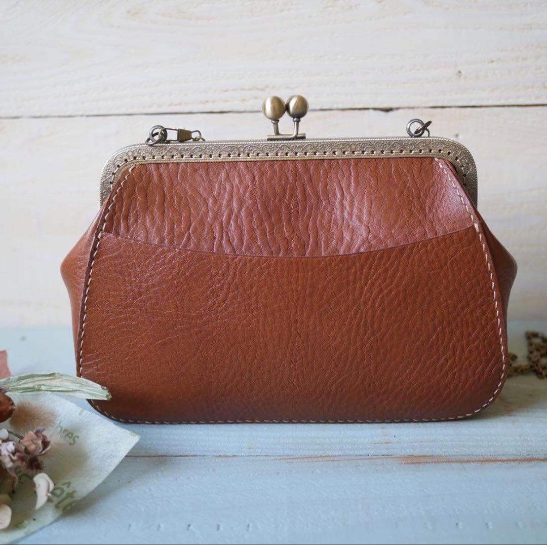 がま口ショルダーバッグ 栃木レザー ブラウン チェーン付き