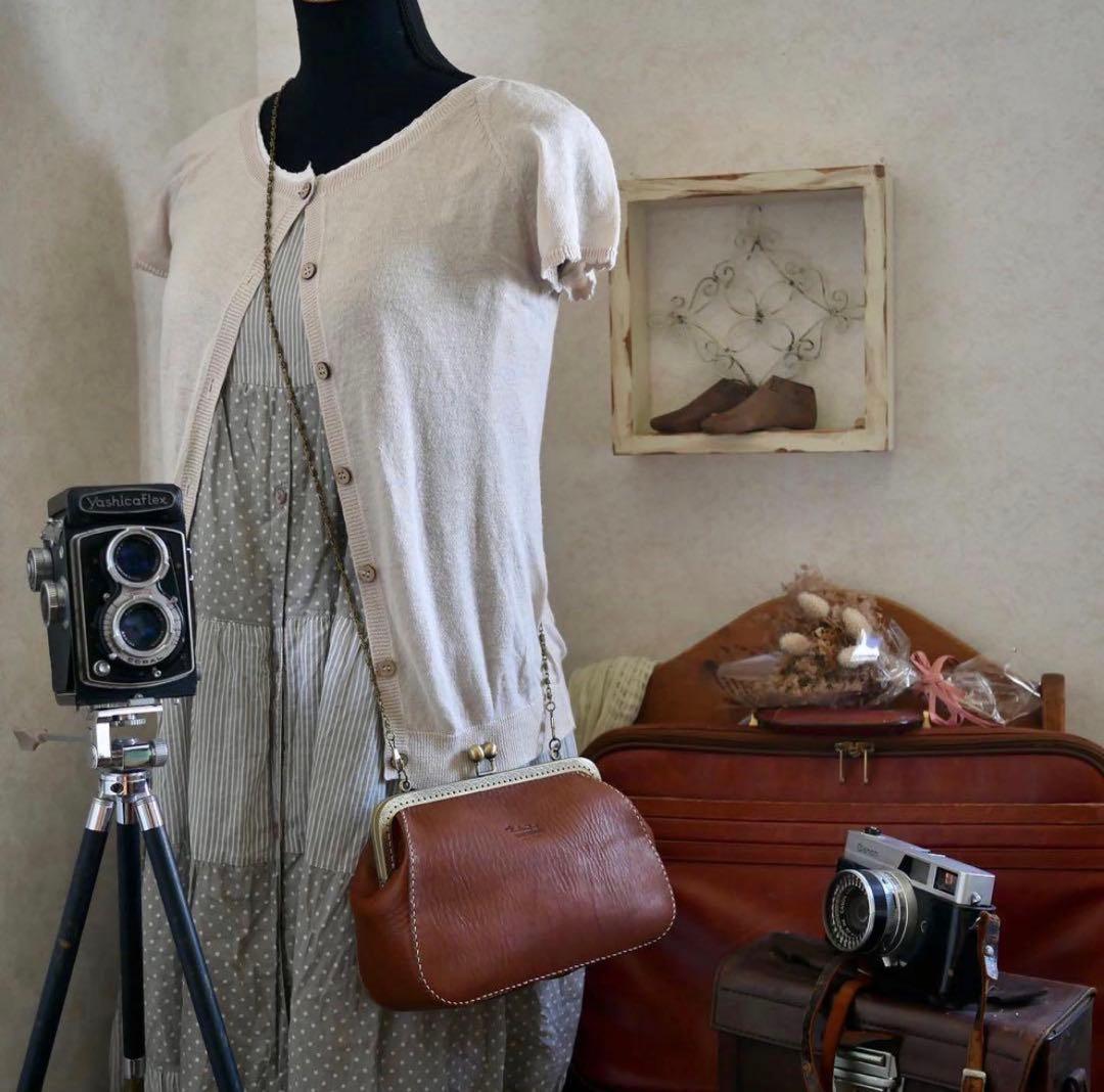 がま口ショルダーバッグ 栃木レザー ブラウン チェーン付き