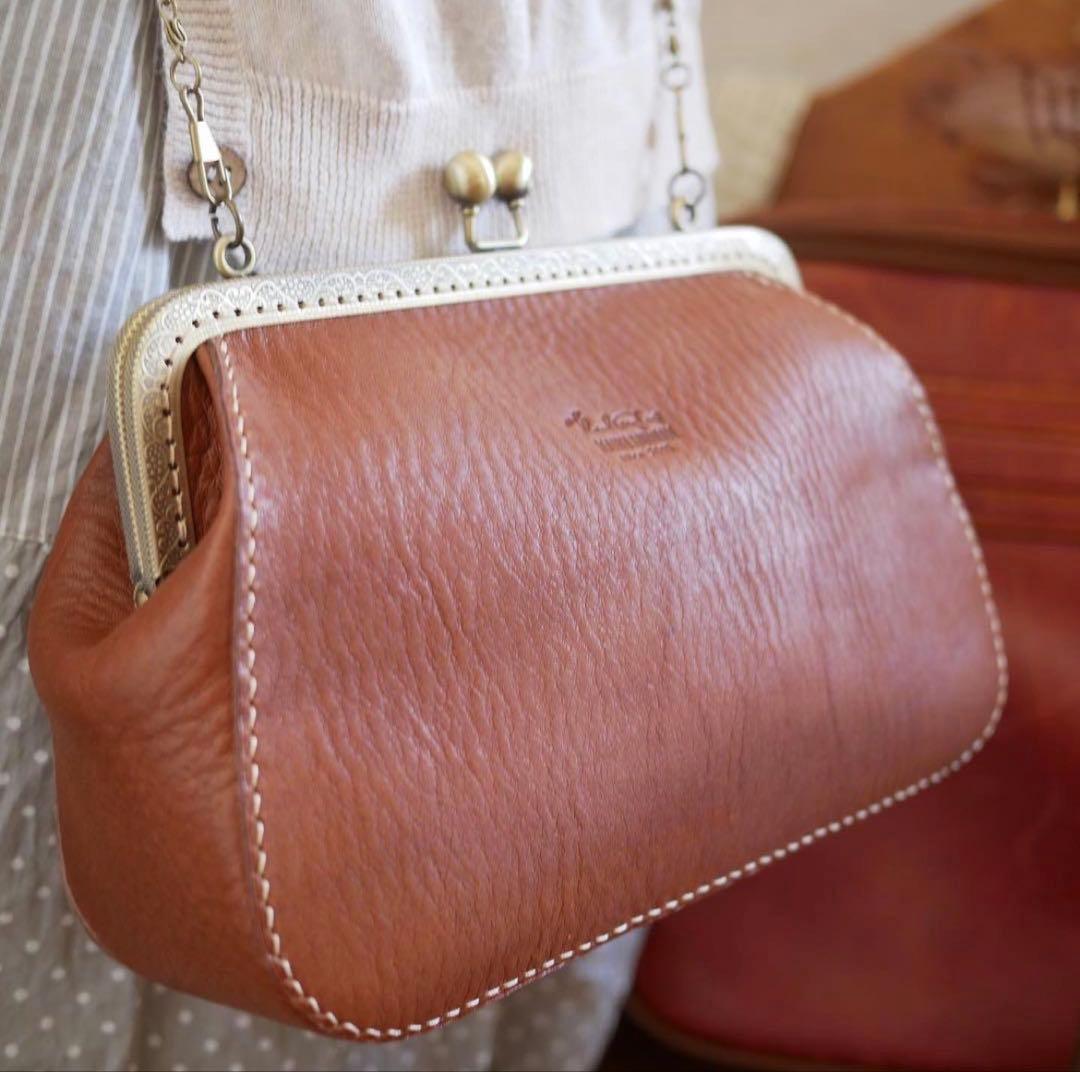 がま口ショルダーバッグ 栃木レザー ブラウン チェーン付き