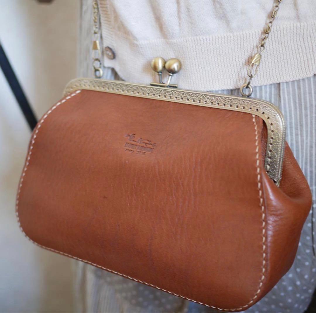 がま口ショルダーバッグ 栃木レザー ブラウン チェーン付き