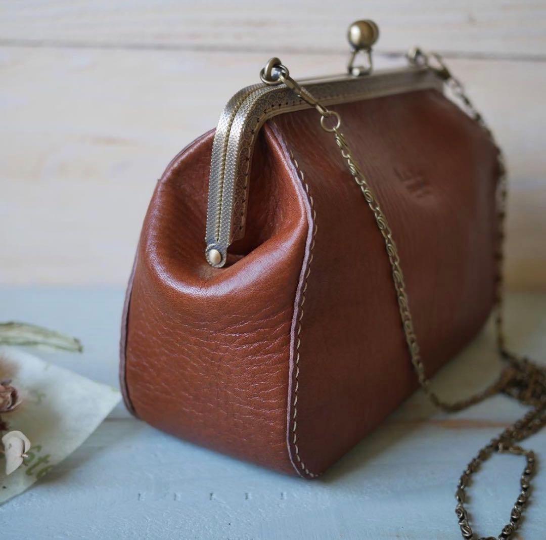 がま口ショルダーバッグ 栃木レザー ブラウン チェーン付き