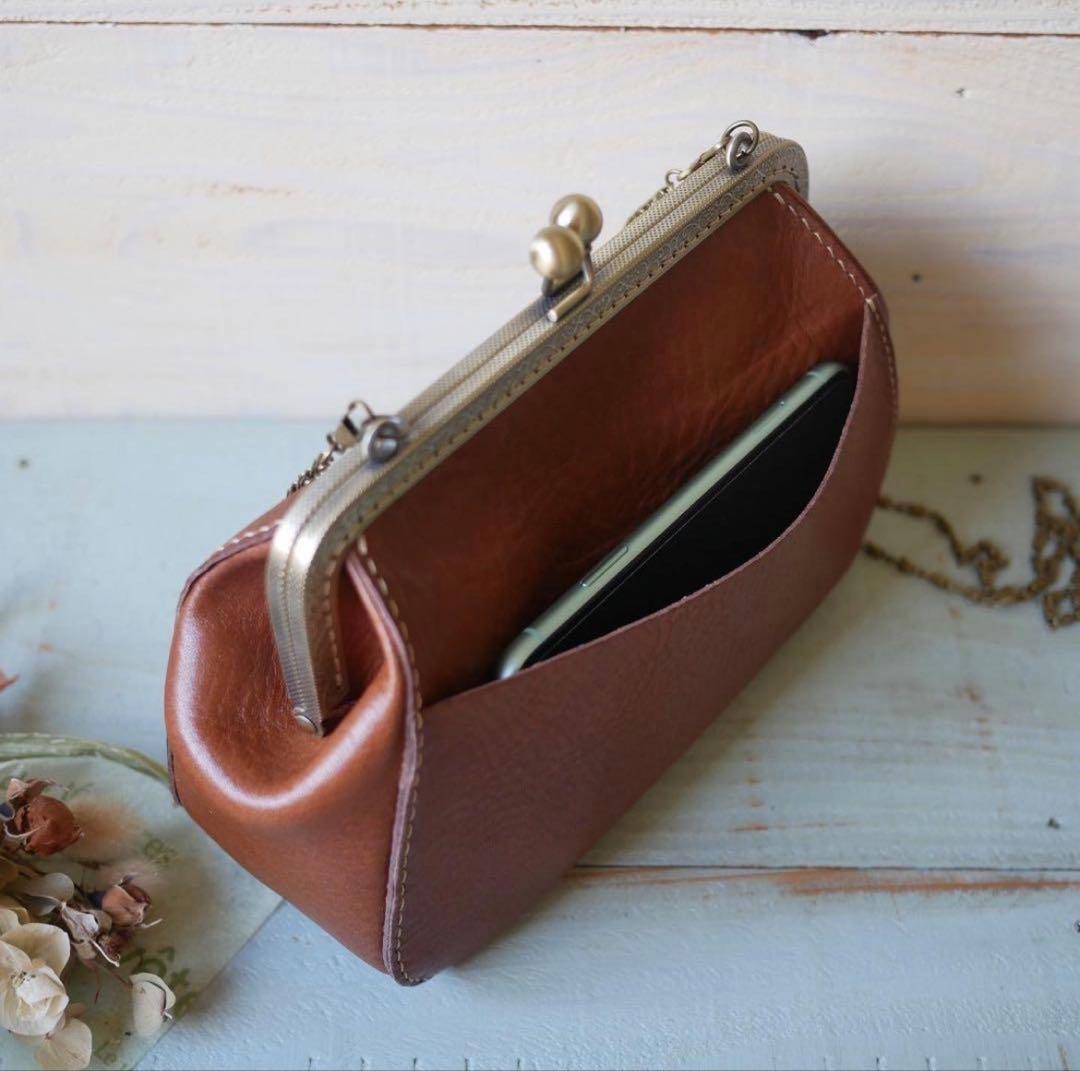 がま口ショルダーバッグ 栃木レザー ブラウン チェーン付き