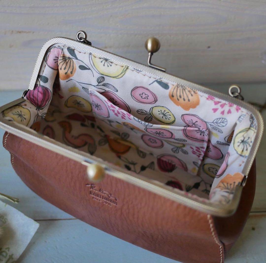 がま口ショルダーバッグ 栃木レザー ブラウン チェーン付き