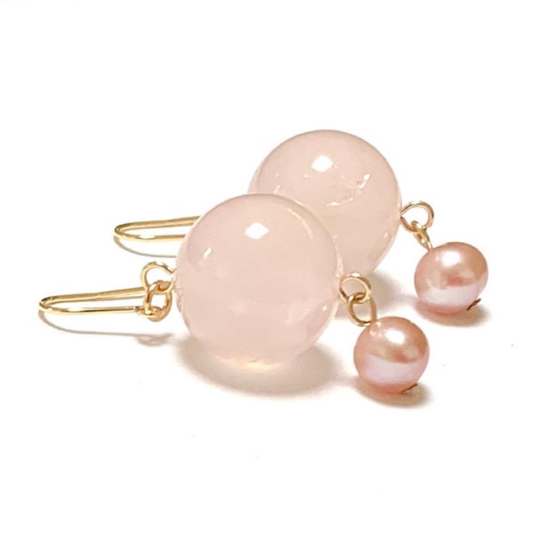 【Rtav】特価 K18 ローズクォーツ 12mm ＆ 淡水真珠 フックピアス
