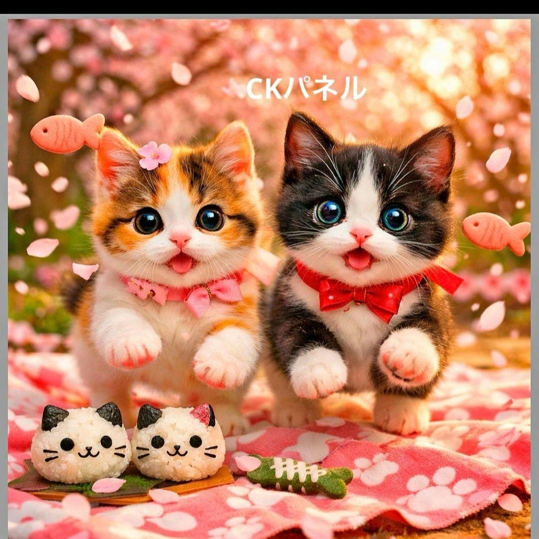 激レアお花見にゃんこパネル生地　ハンドメイド