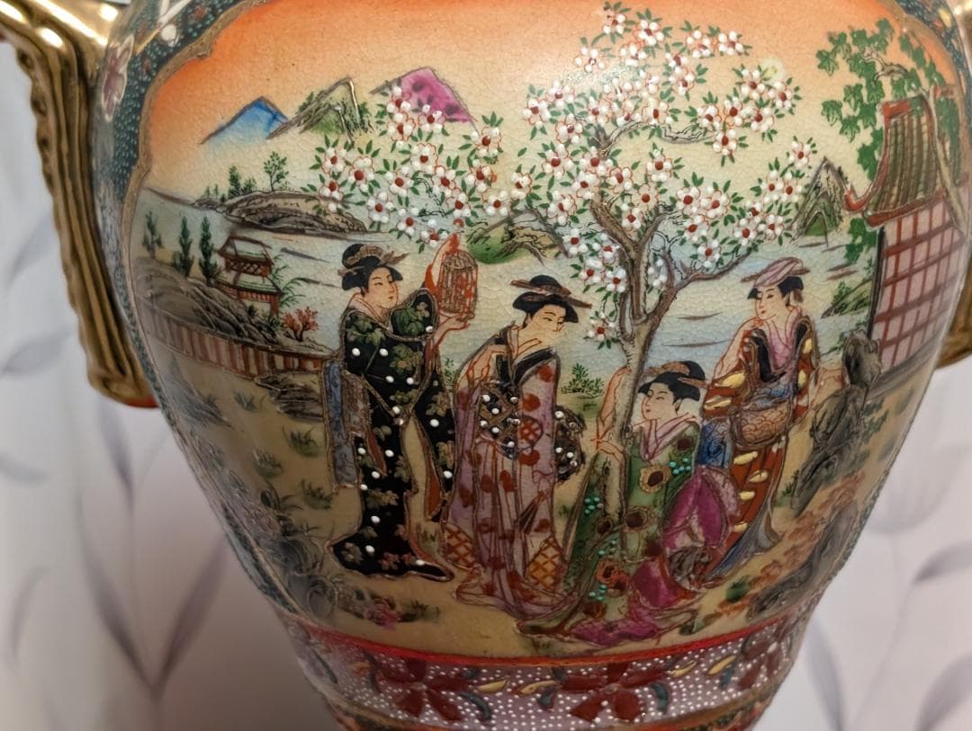 古美術　飾り壺　アンティーク　美人絵『双耳飾壺』
