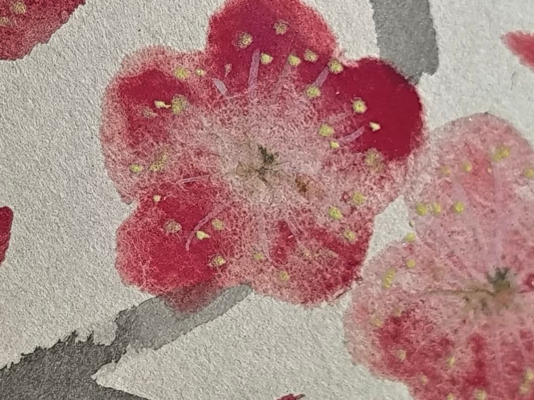 【真作】日本画家 水島裕『紅梅』色紙 日本画 院展特待 季節のしつらえ紅梅