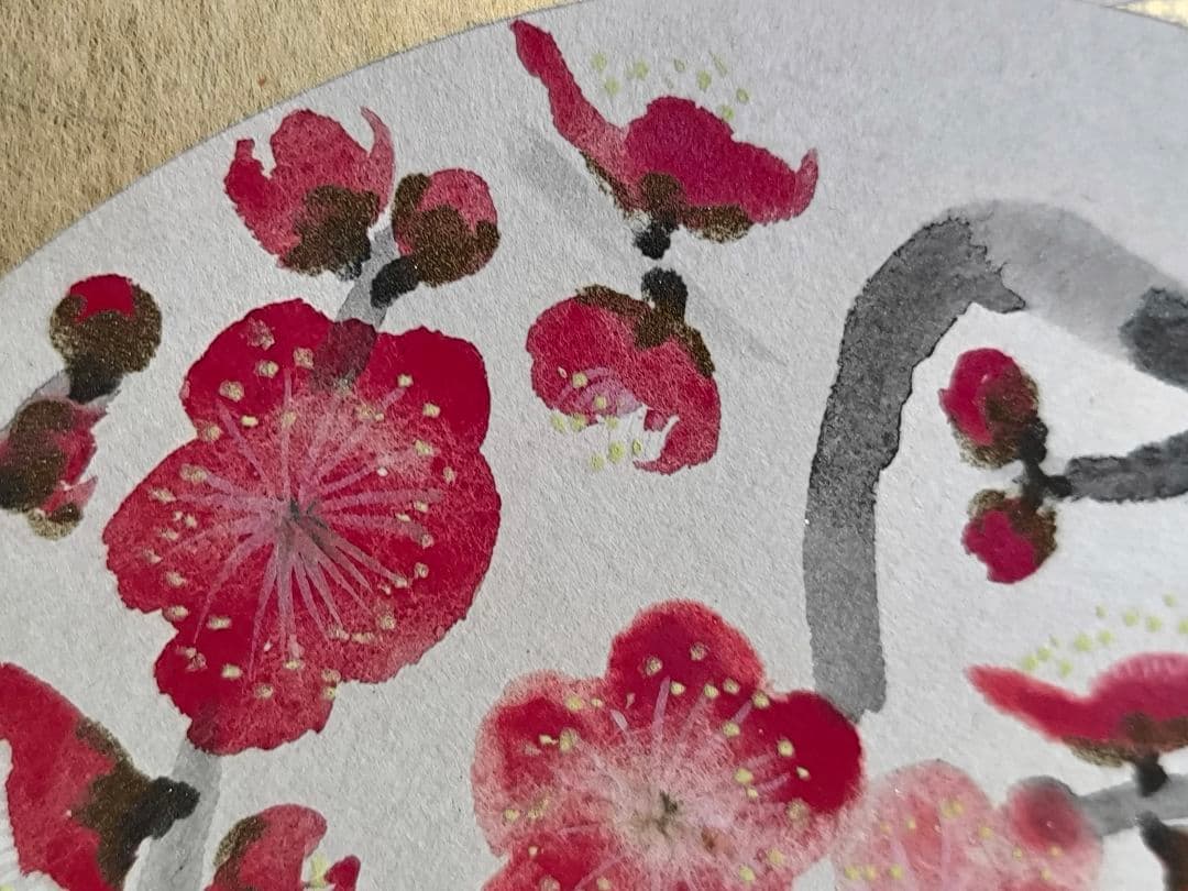 【真作】日本画家 水島裕『紅梅』色紙 日本画 院展特待 季節のしつらえ紅梅