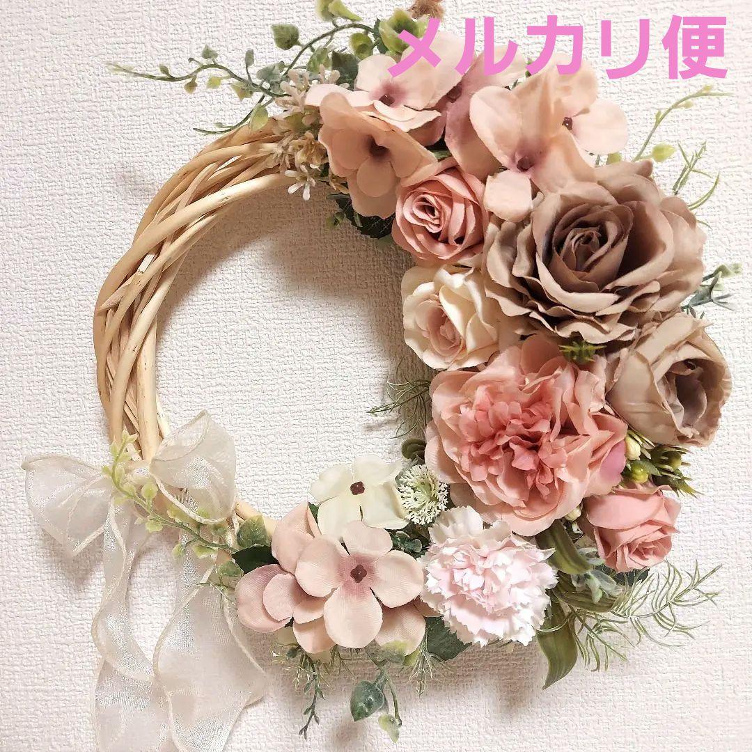 フラワーリース 夏めく8 くすみカラーの優しいお花たち ハーフリース 造花 玄関