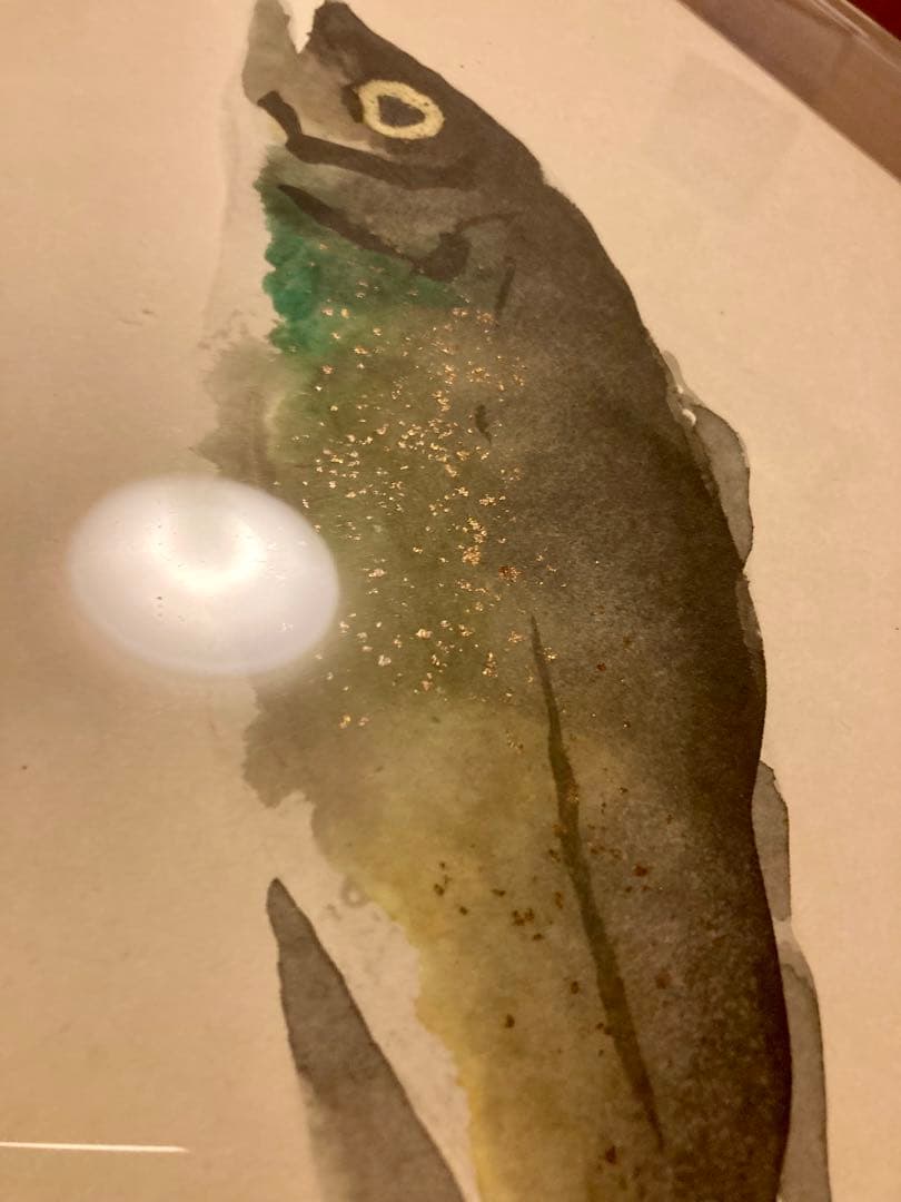 【真作】片岡鶴太郎 水彩画 魚の絵 透明アクリルフレーム入