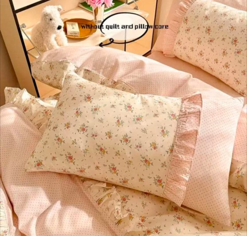 新品★綿100%オフホワイト薔薇✕ピンクギンガムチェックシングル掛け布団枕カバー