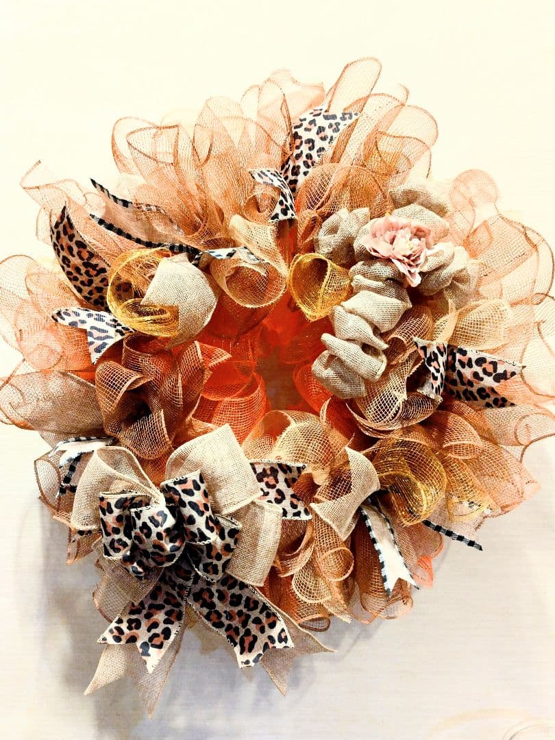 ハンドメイド リース オレンジ ベージュ レオパード柄