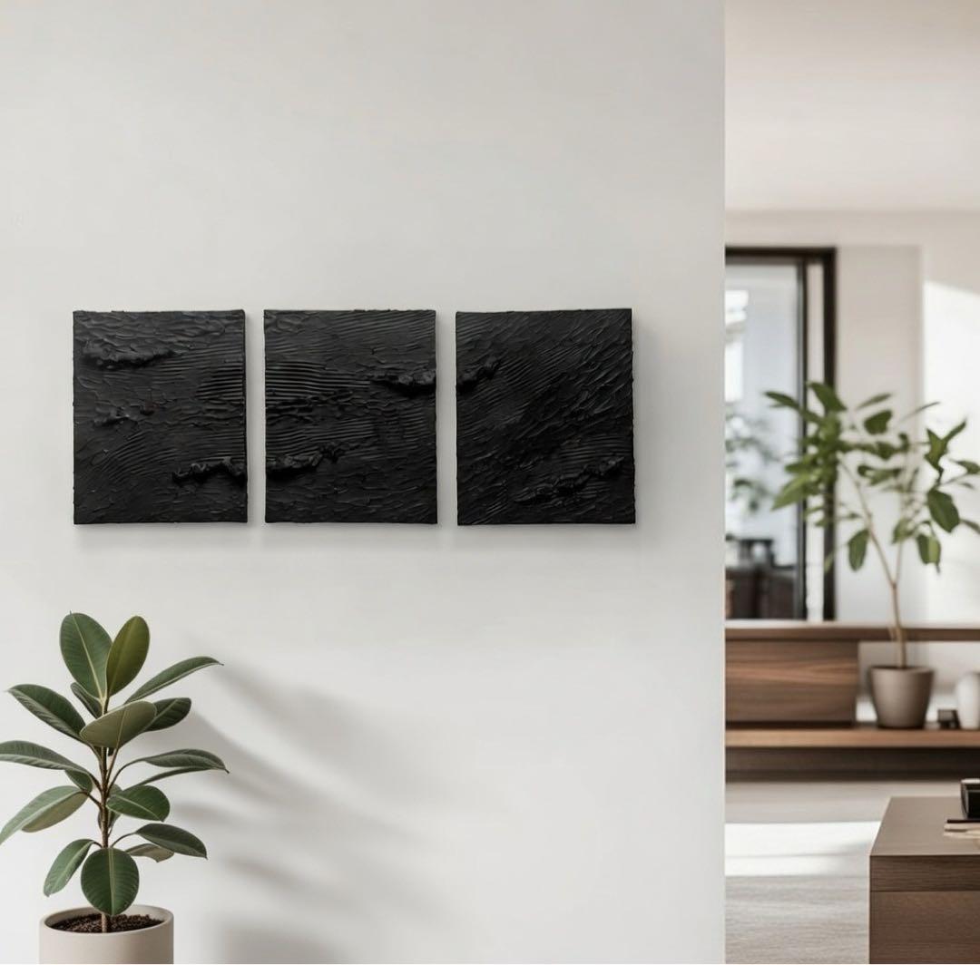 黒のテクスチャーアート 3枚組｜F3抽象画　インテリア　絵画　現代アート　北欧