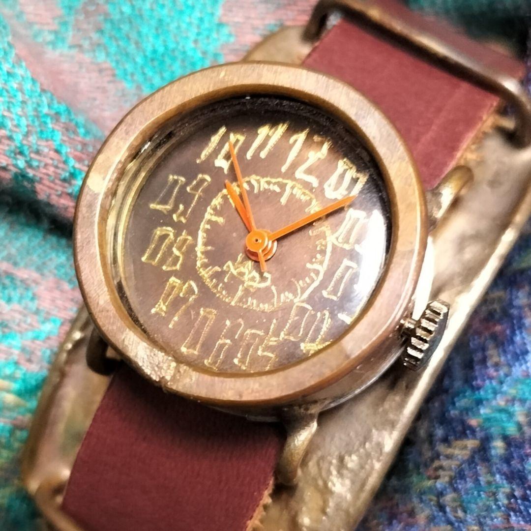 個性派✨アンティークハンドメイドアート腕時計✨ヴィンテージブラウン革レザー時計✨