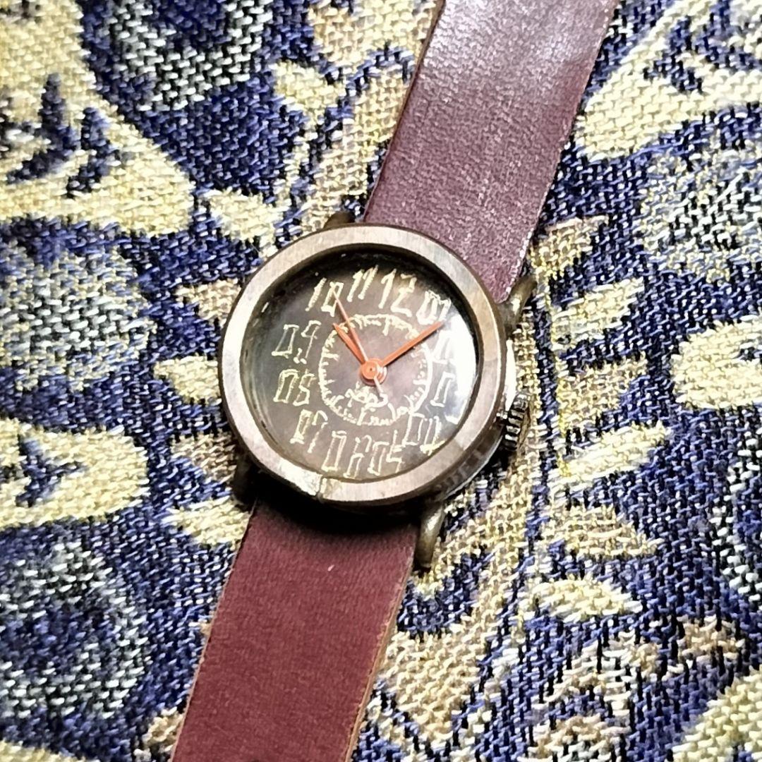 個性派✨アンティークハンドメイドアート腕時計✨ヴィンテージブラウン革レザー時計✨