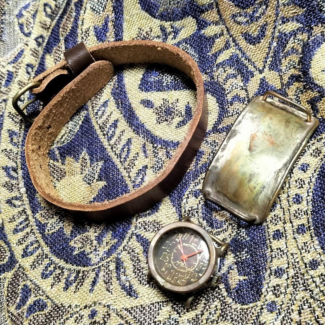 個性派✨アンティークハンドメイドアート腕時計✨ヴィンテージブラウン革レザー時計✨