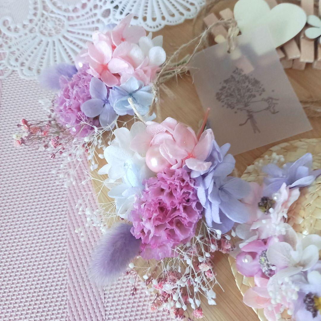 No90 ベビーパープル❤︎夏限定 麦わら帽子のフラワーガーランド❁