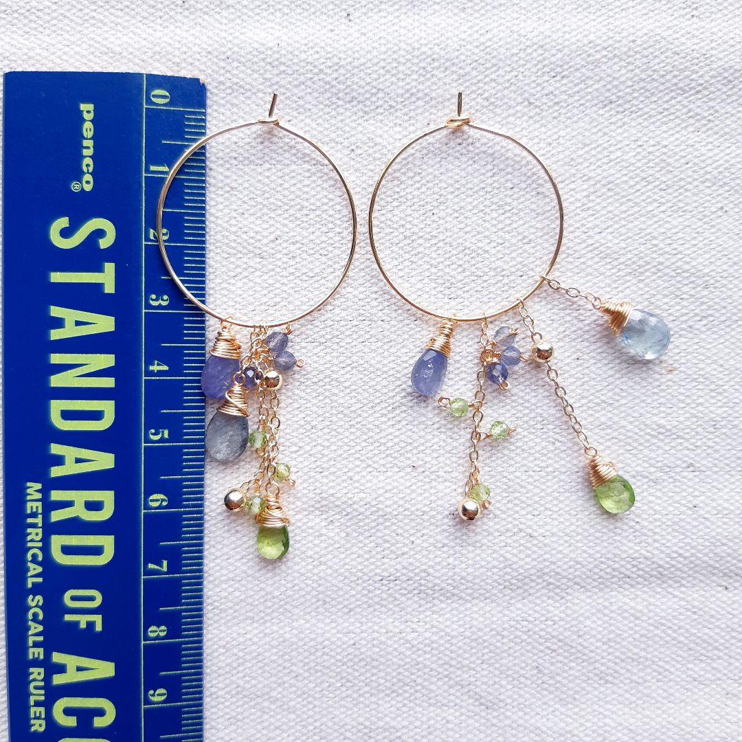 14kgf モスアクアマリン タンザナイト ペリドットフープピアス