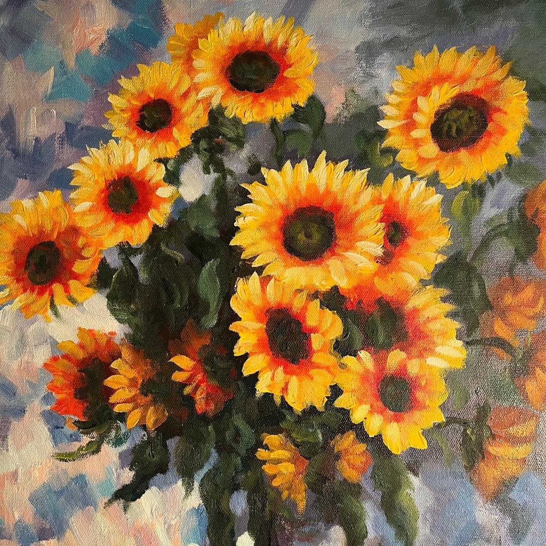 手書き油絵 花瓶のひまわり 額付 肉筆絵画 インテリア 油彩画
