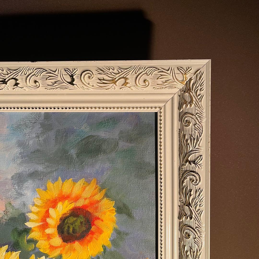 手書き油絵 花瓶のひまわり 額付 肉筆絵画 インテリア 油彩画