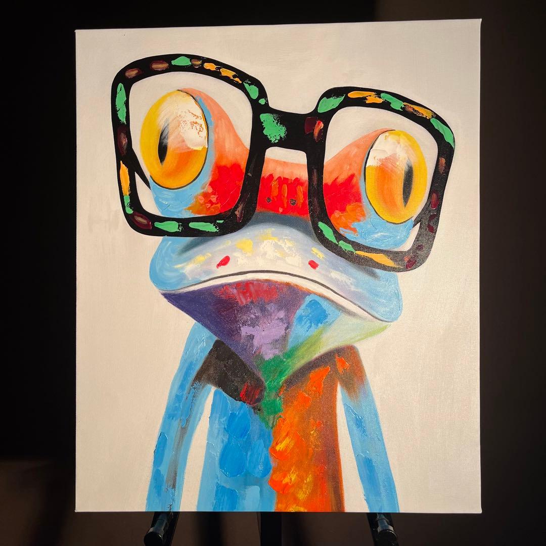 手書き油絵 Glasses Frog 絵画 インテリア 油彩画