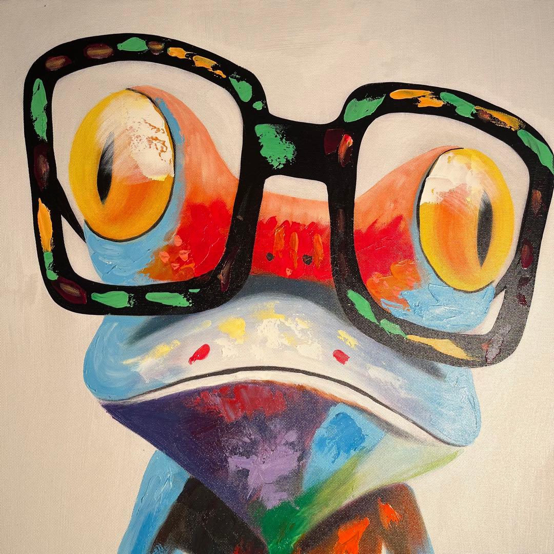 手書き油絵 Glasses Frog 絵画 インテリア 油彩画